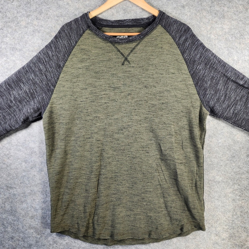 CSG Men XL Thermal Shirt Raglan Long Sleeve Color Block Green Grey Waffle Grunge